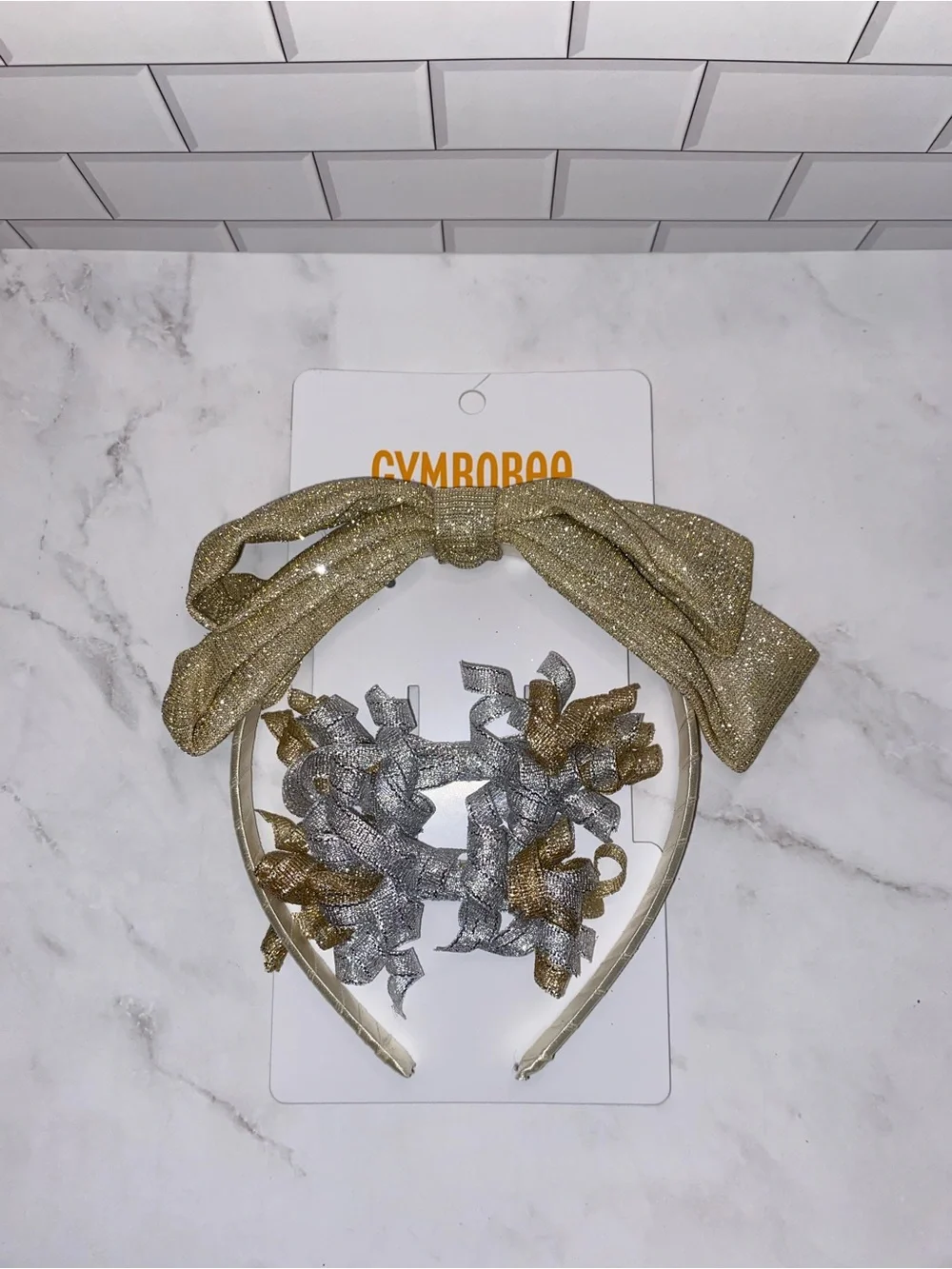 Gymboree Girls’ “All Dressed Up” Gold and Silver Sparkly Bow Headband and Clips